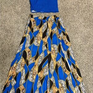 African print maxi skirt & blue smocked crop top. Slit & Back Zip. XL free ship